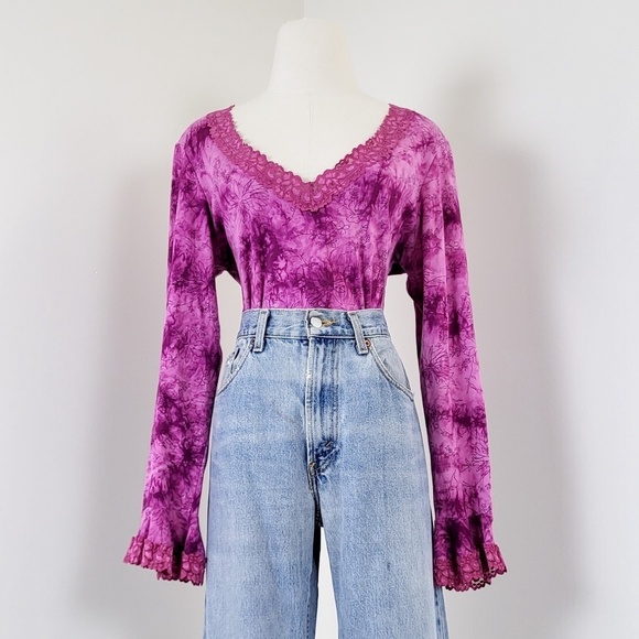 Y2K pink tie dye long sleeve top V-neck fairycore bell angel sleeves - Picture 13 of 14